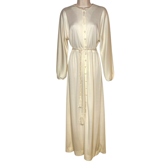 Vintage 60s Leslie Fay MCM Dress Gown Cream Button Down Tie Waist Tassel Flowy M